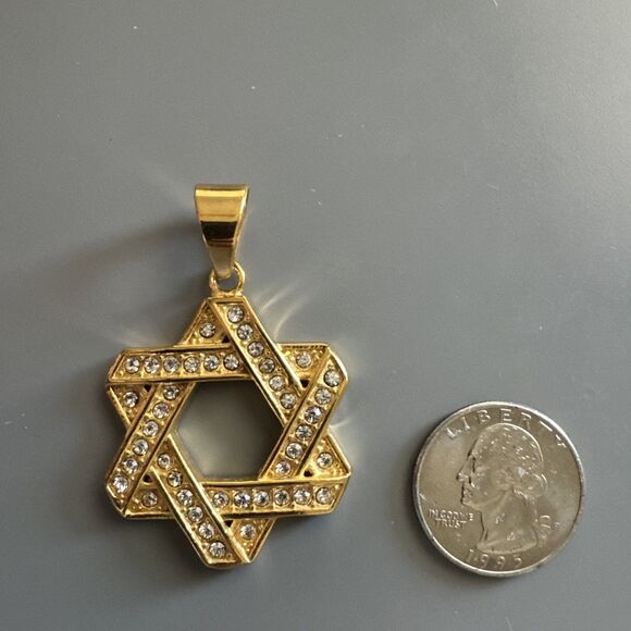 Stainless Steel Jewish Israel Star of David Necklace Bar Mitzvah Gold Zirconia - Picture 3 of 6
